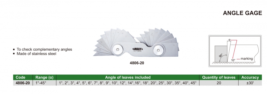 4806-20 Bộ dưỡng kiểm tra góc 1°-45°/ 20 lá Insize