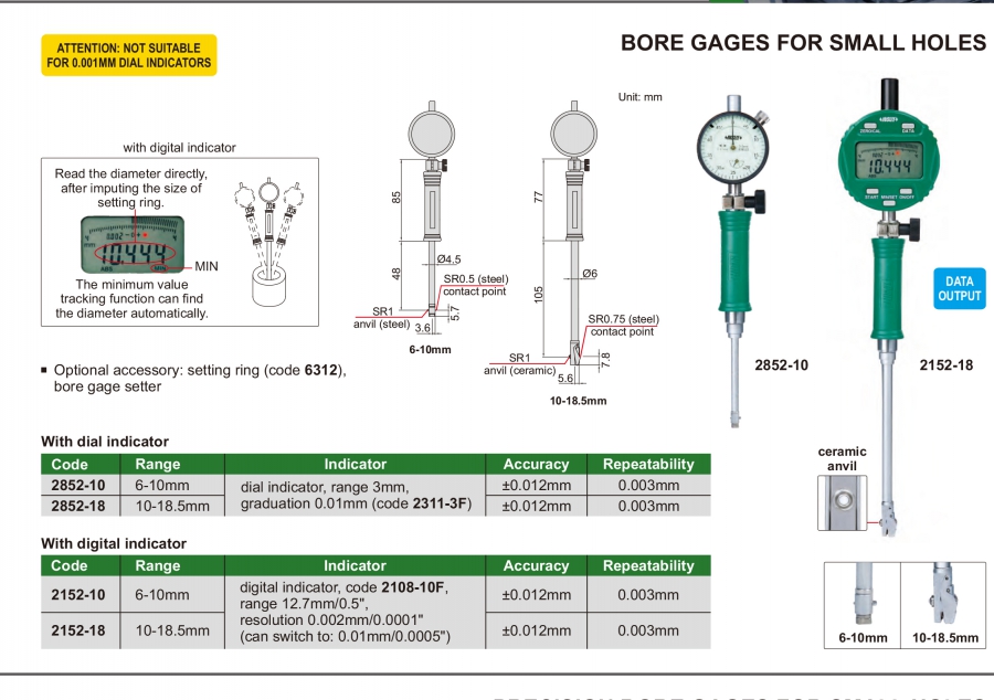 Thước đo lỗ nhỏ đồng hồ, điện tử Insize series 2852, 2152