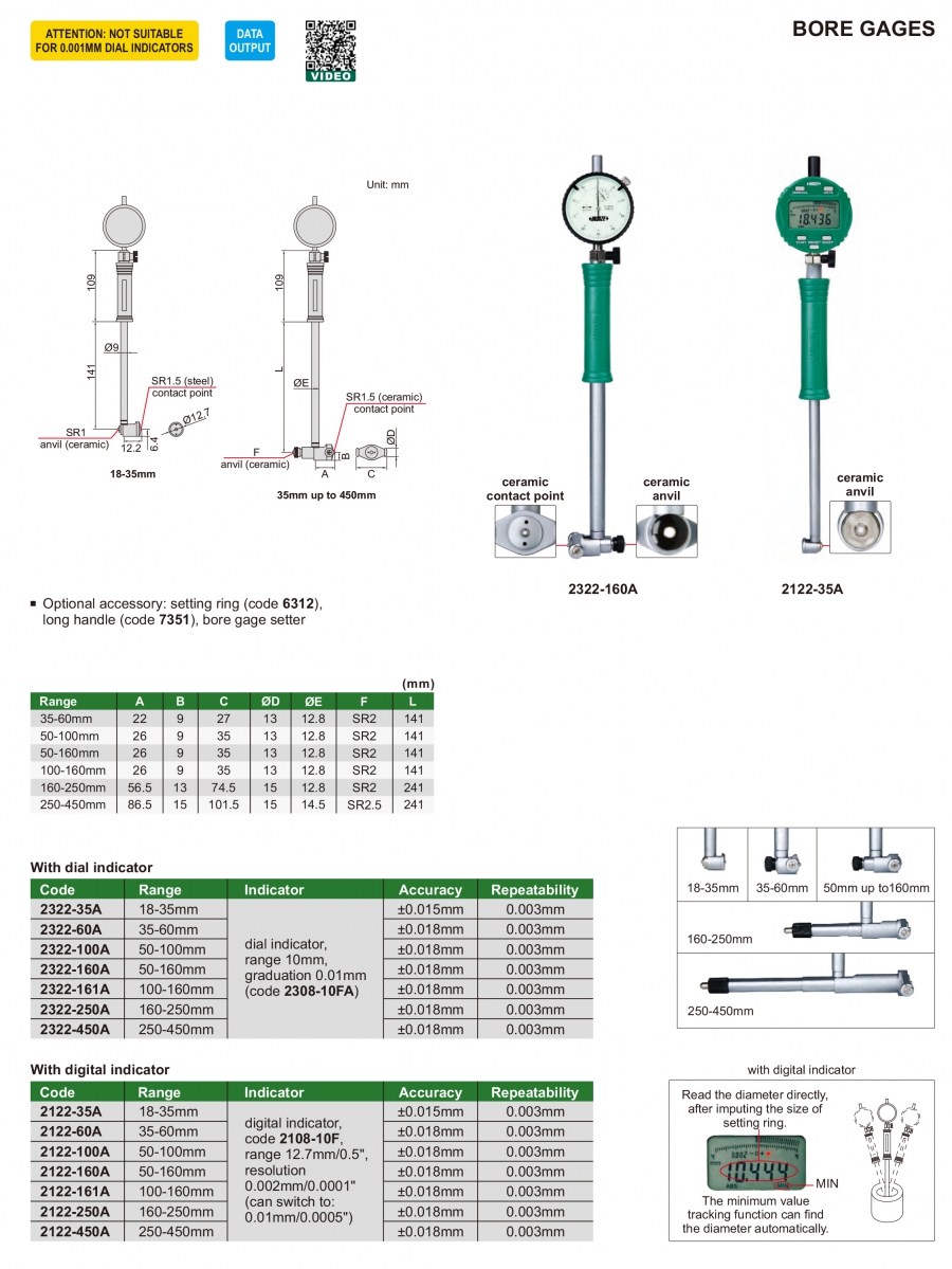 Thước đo lỗ đồng hồ, điện tử Insize series 2322 và 2122