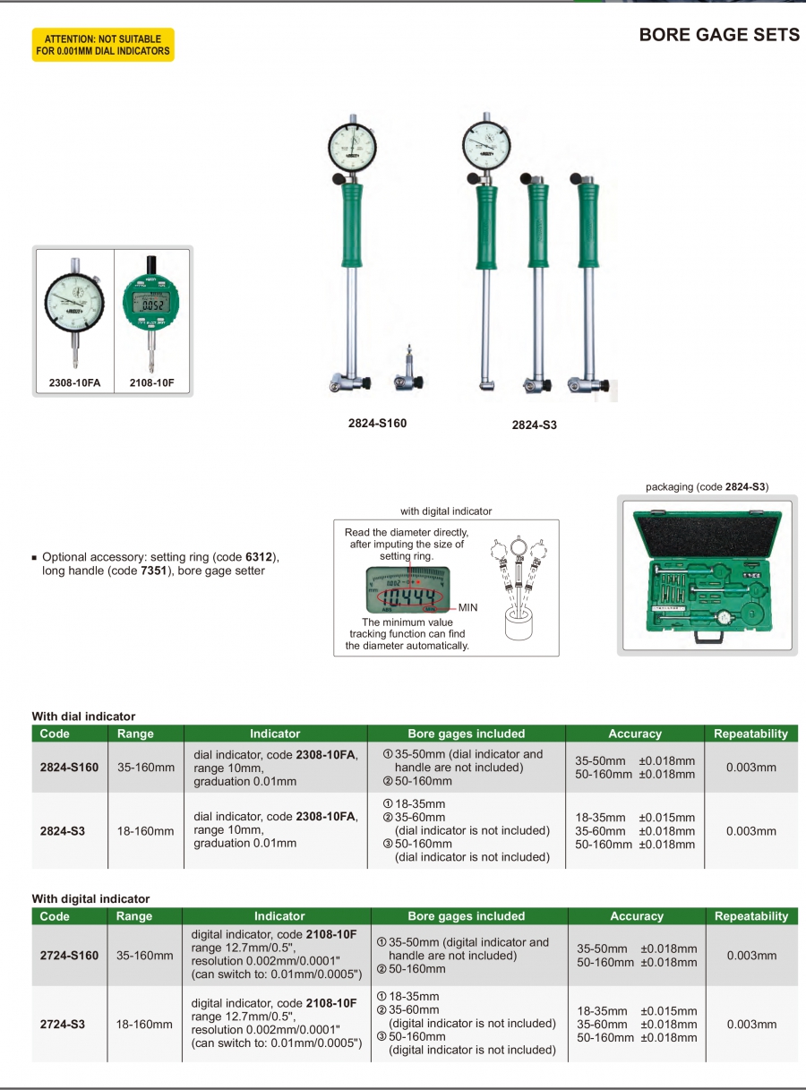 Bộ thước đo lỗ đồng hồ, điện tử Insize series 2824, 2724
