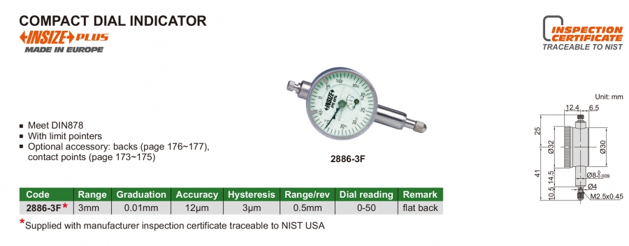 2886-3F Đồng hồ so cơ khí loại nhỏ 0-3mm/0.01mm Insize