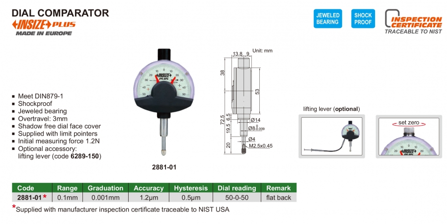 2881-01 Đồng hồ so cơ khí 0-0.1mm/0.001mm Insize