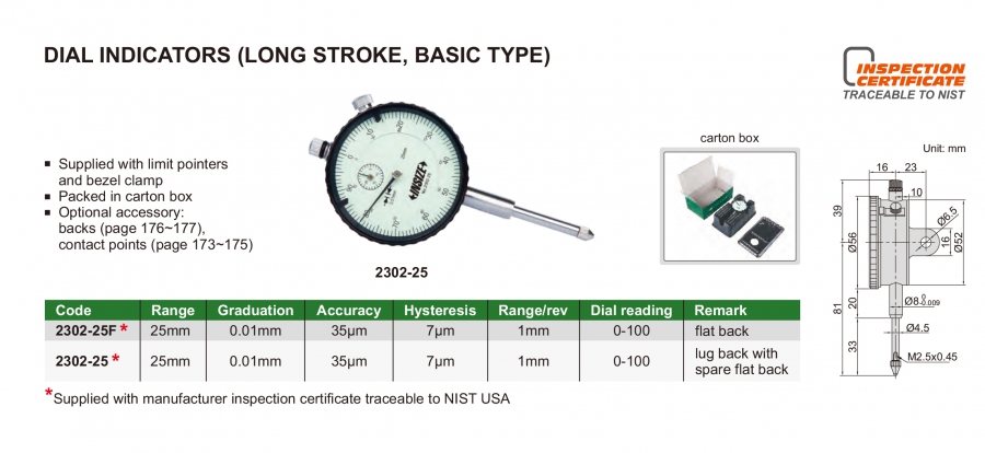 Đồng hồ so cơ khí loại dài 0-25mm/0.01mm Insize series 2302