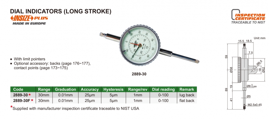 Đồng hồ so cơ khí loại dài 0-30mm/0.01mm Insize series 2889