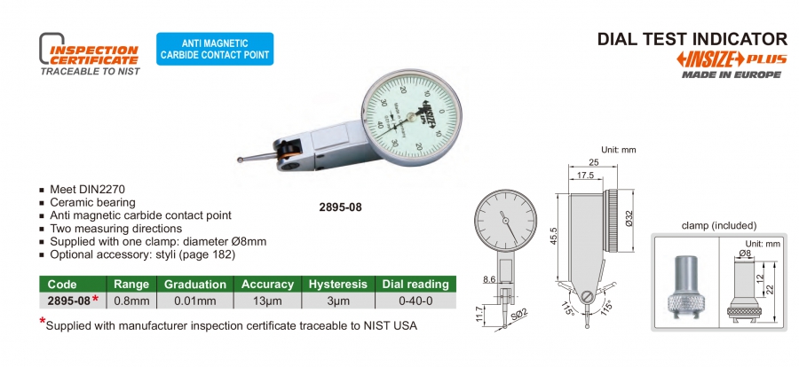 2895-08 Đồng hồ so chân gập 0.8mm/0.01mm Insize