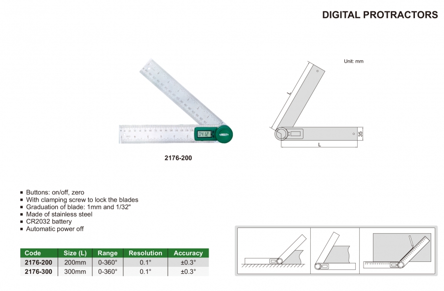 Thước đo góc điện tử 0-360° Insize 2176-200; 2176-300