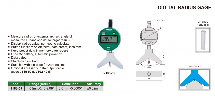 2188-55 Thước đo bán kính điện tử 4-53mm x0.01mm Insize