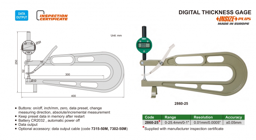 2860-25 Đồng hồ đo độ dày điện tử họng sâu 0-25.4mm Insize