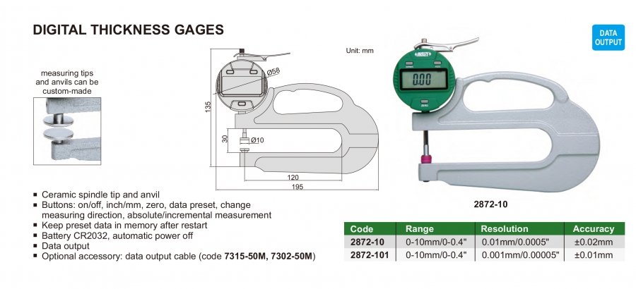 Đồng hồ đo chiều dày điện tử họng sâu Insize 2872-10; 2872-101