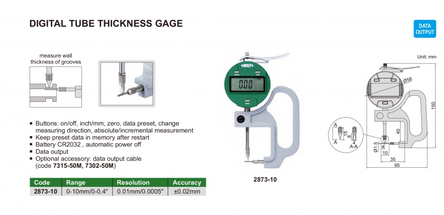 2873-10 Đồng hồ đo độ dày thành ống điện tử 0-10mm Insize