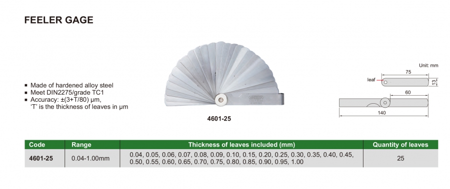 4601-25 Bộ căn lá 0.04-1.00mm/ 25 lá Insize