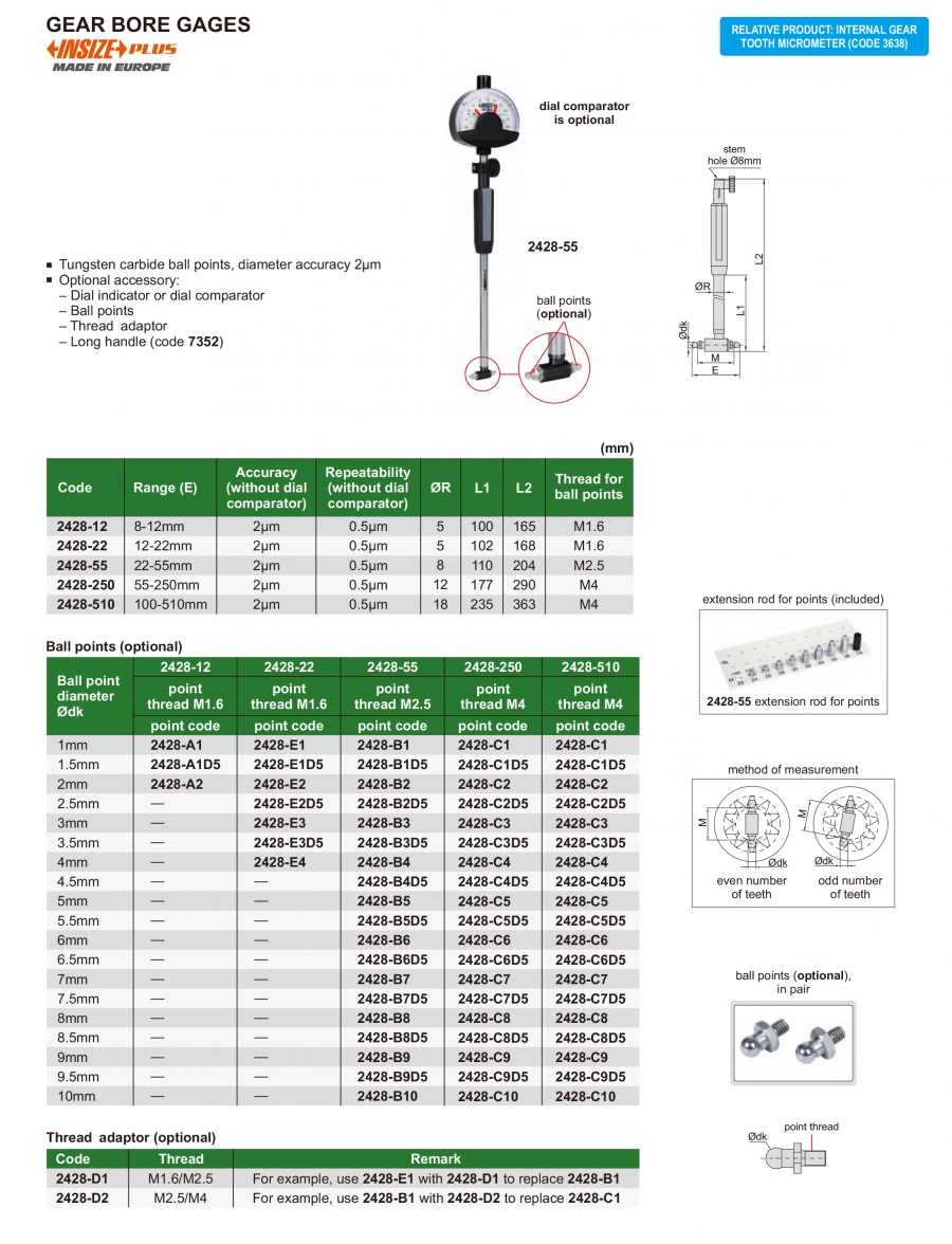 Thân thước đo lỗ bánh răng Insize series 2428