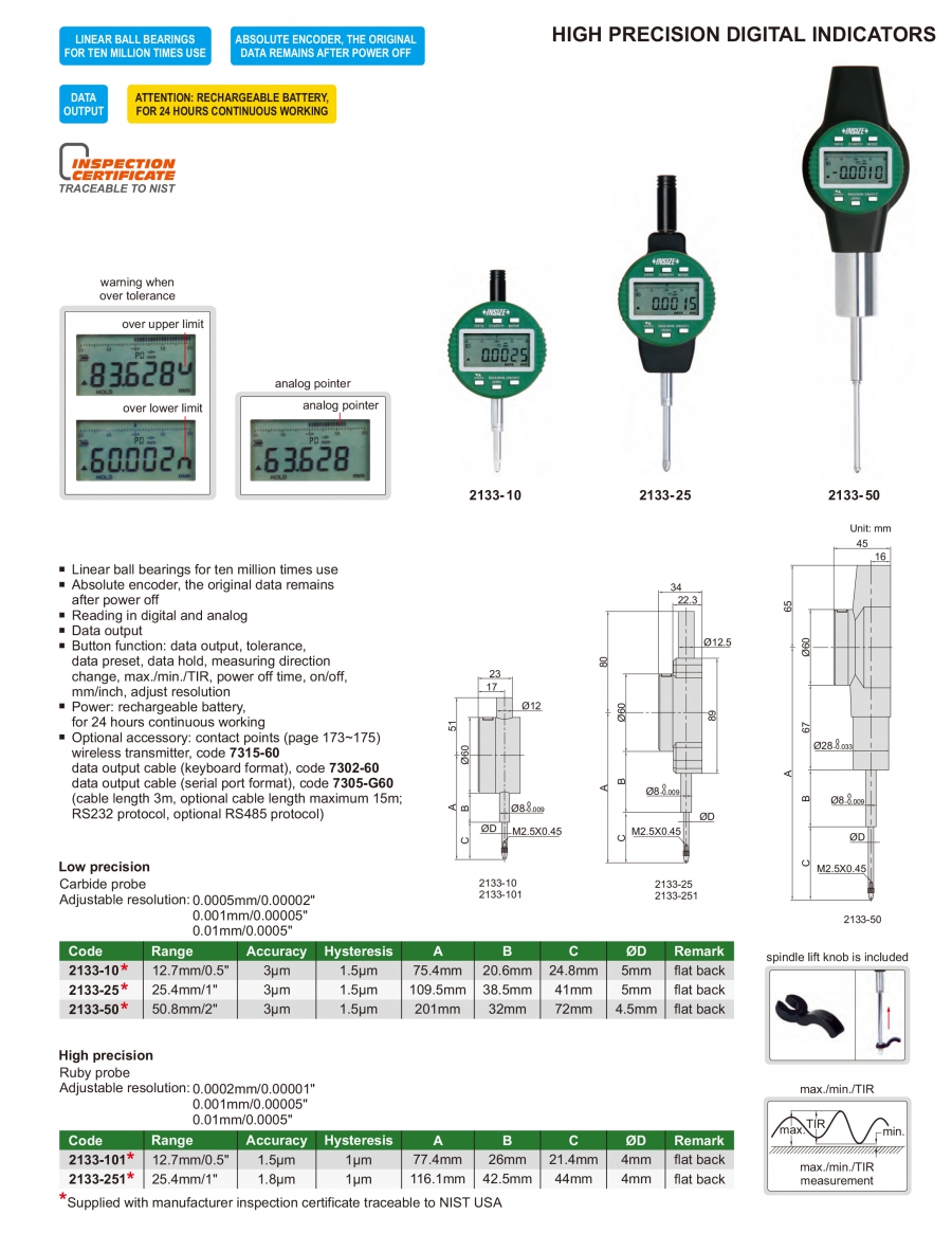 Đồng hồ so điện tử độ chính xác cao Insize series 2133