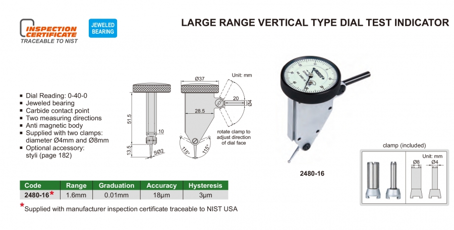 2480-16 Đồng hồ so chân gập dãi đo lớn loại đứng Insize