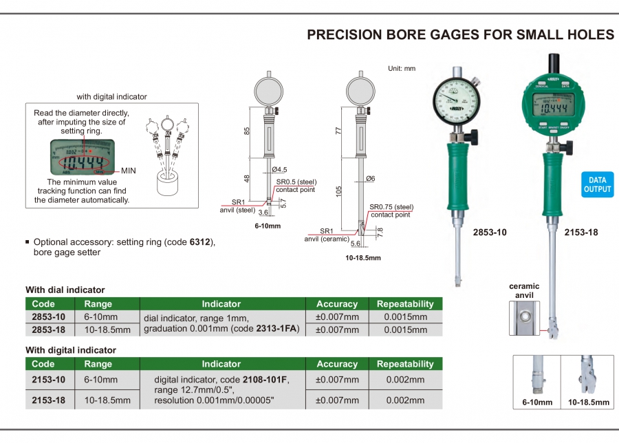 Thước đo lỗ nhỏ chính xác đồng hồ, điện tử Insize series 2853, 2153