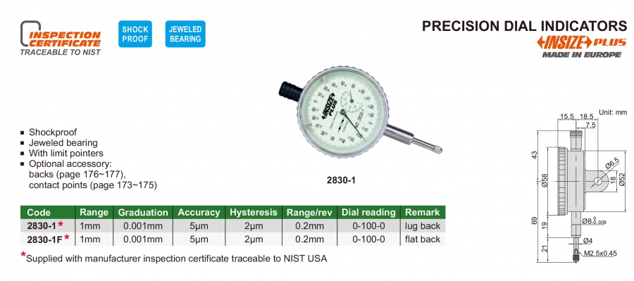 Đồng hồ so cơ khí chính xác Insize 2830-1; 2830-1F