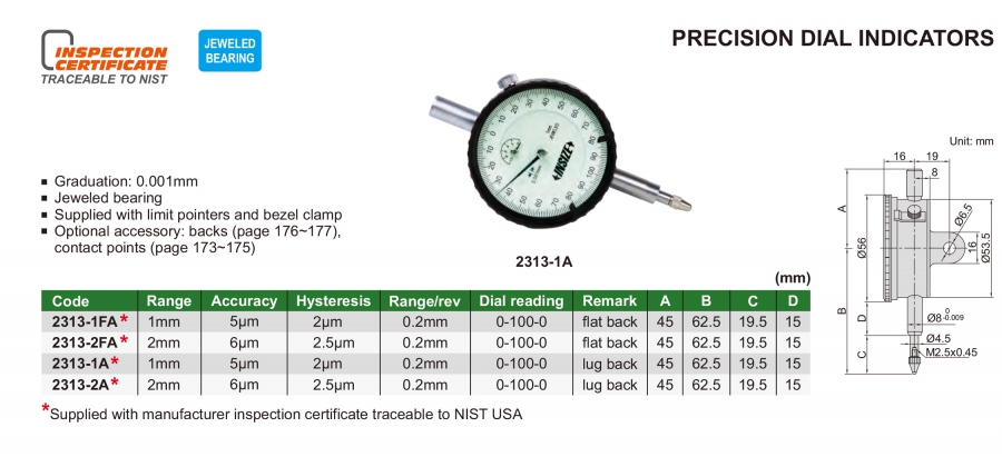 Đồng hồ so cơ khí chính xác Insize series 2313