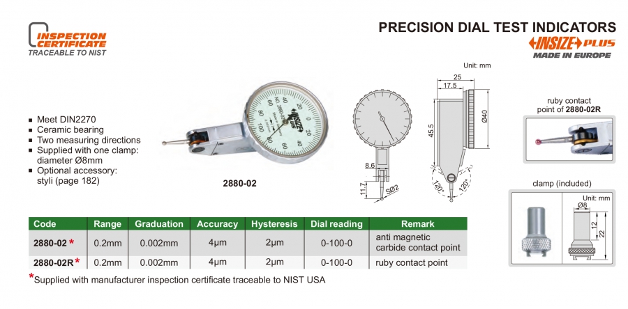 Đồng hồ so chân gập chính xác 0.2mm/0.002 Insize series 2880