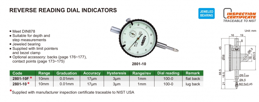 Đồng hồ so cơ khí đọc ngược Insize 2801-10F; 2801-10