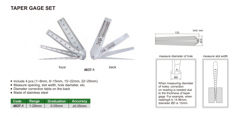 4837-1 Bộ thước đo khe hở 1-29mm Insize