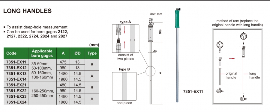 Tay cầm dài của thước đo lỗ Insize series 7351