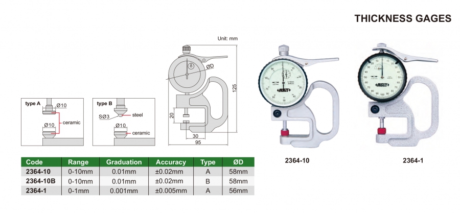 Đồng hồ đo độ dày cơ khí Insize series 2364