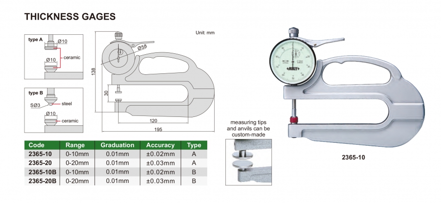 Đồng hồ đo chiều dày cơ khí họng sâu Insize series 2365