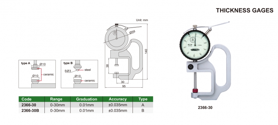 Đồng hồ đo độ dày cơ khí 0-30mm Insize 2366-30; 2366-30B