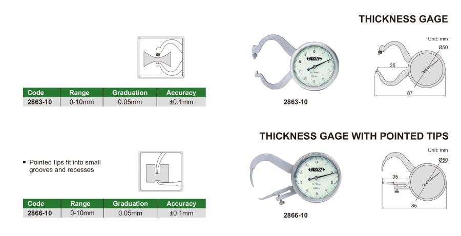 Đồng đồ đo độ dày 0-10mm/0.05mm Insize 2863-10; 2866-10