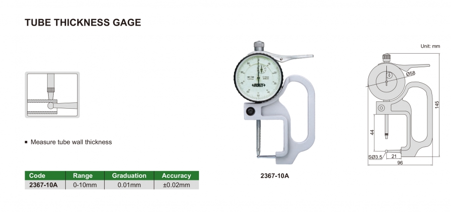 2367-10A Đồng hồ đo độ dày thành ống cơ khí 0-10mm Insize