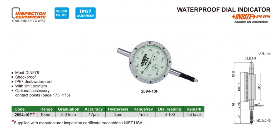 2894-10F Đồng hồ so cơ khí 0-10mm/0.01mm IP67 Insize