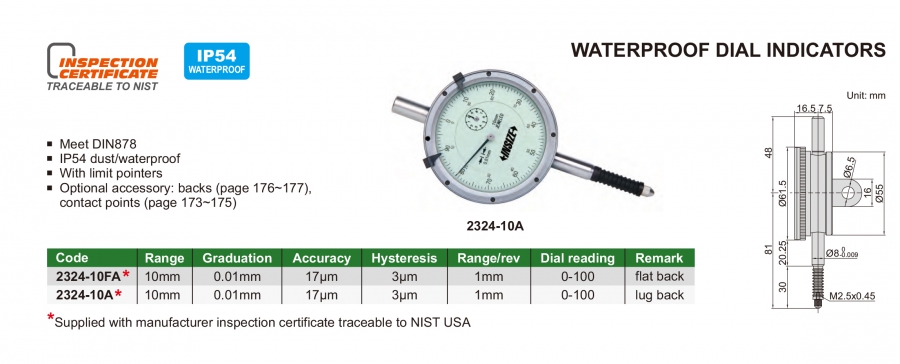 Đồng hồ so cơ khí 0-10mm/0.01mm IP54 Insize series 2324