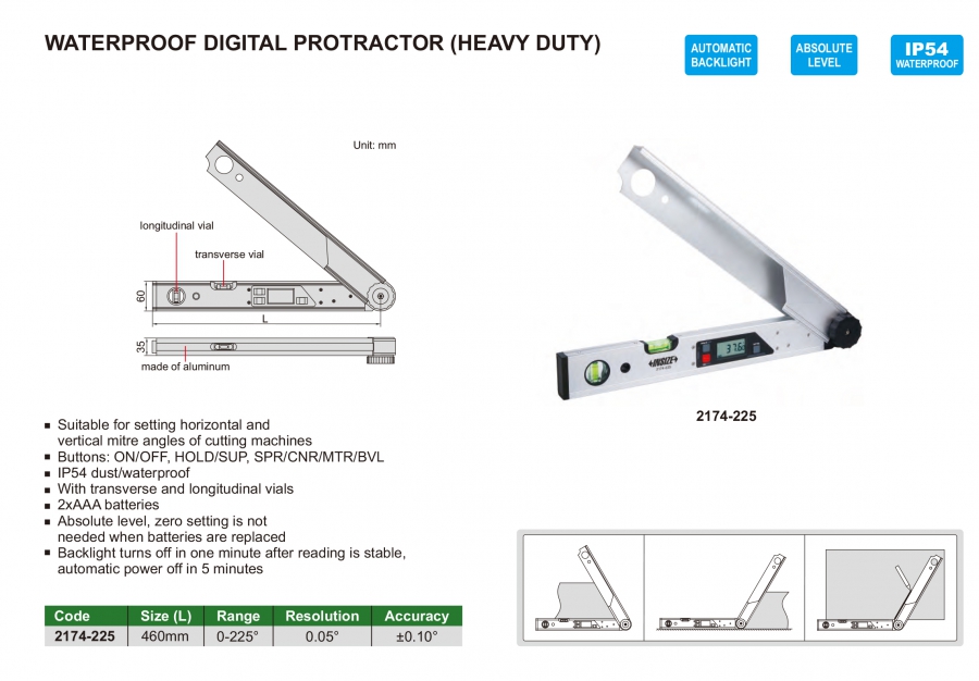 2174-225 Thước đo góc điện tử 0-225˚ IP54 Insize