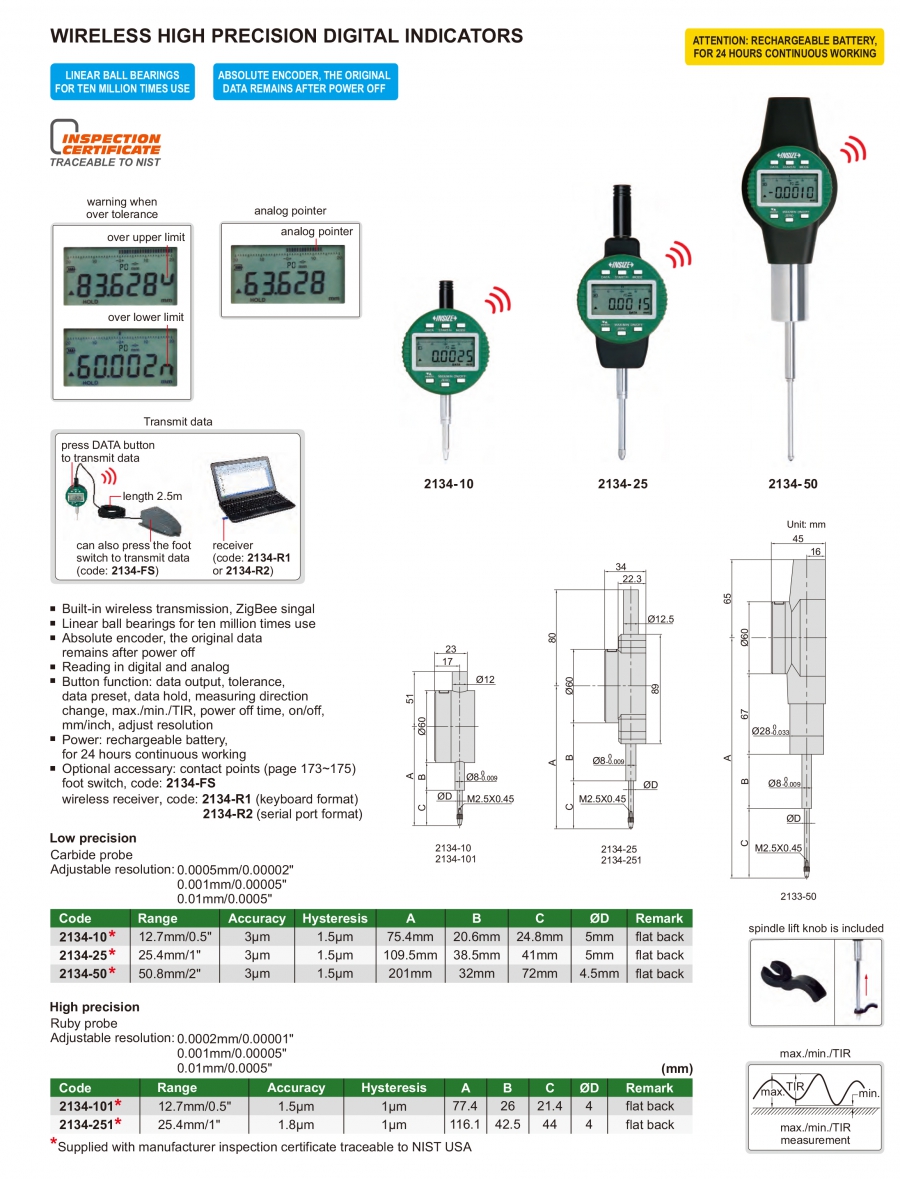 Đồng hồ so điện tử chính xác cao có wireless Insize series 2134