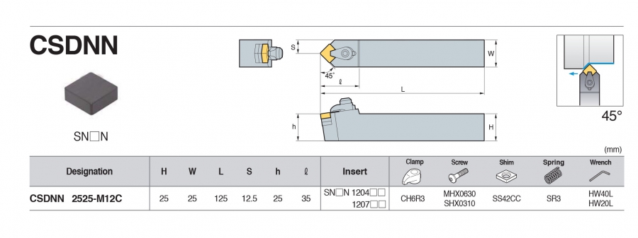 Cán dao tiện ngoài bằng Ceramic góc 45° CSDNN Korloy