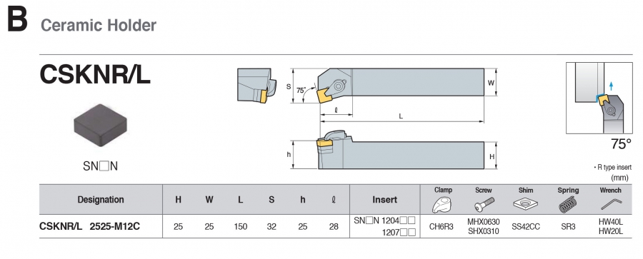 Cán dao tiện ngoài bằng Ceramic góc 75° CSKNR/L Korloy