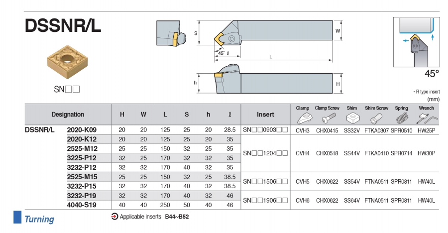 Cán dao tiện ngoài 45° DSSNR/L Korloy (loại Double Clamp)