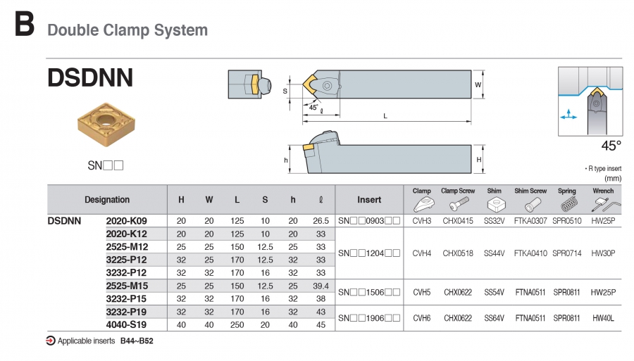 Cán dao tiện ngoài 45° DSDNN Korloy (loại Double Clamp)