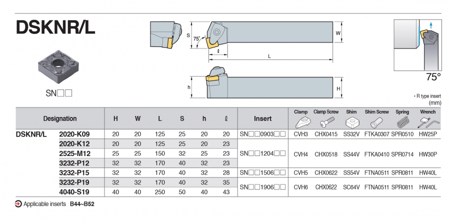 Cán dao tiện ngoài 75° DSKNR/L Korloy (loại Double Clamp)