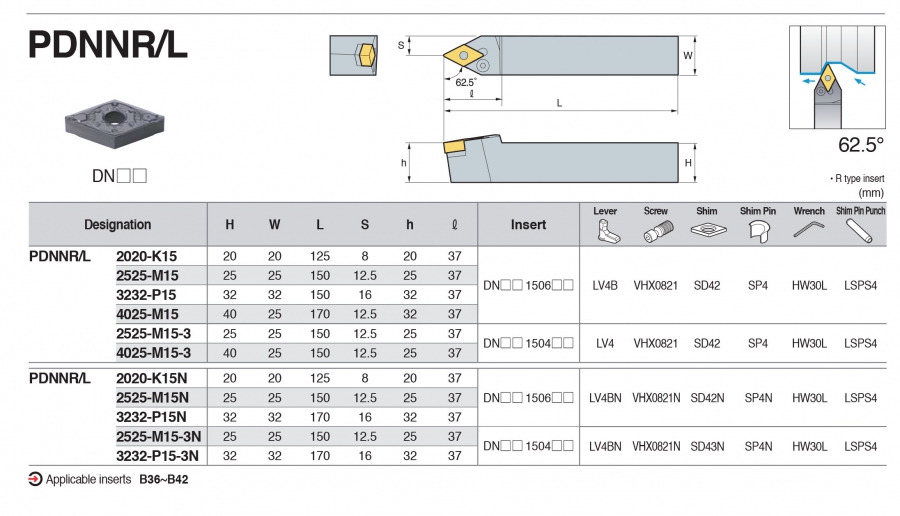 Cán dao tiện ngoài 62.5° PDNNR/L Korloy (loại Khóa đòn bẩy)