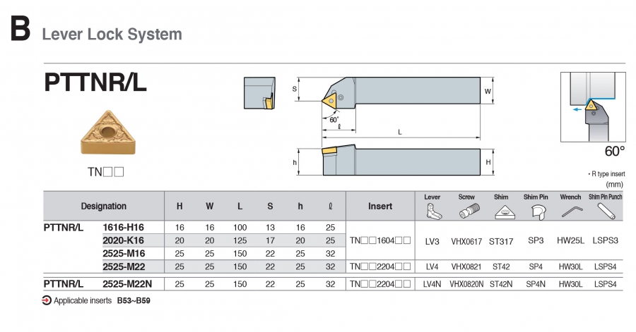 Cán dao tiện ngoài 60° PTTNR/L Korloy (loại Khóa đòn bẩy)