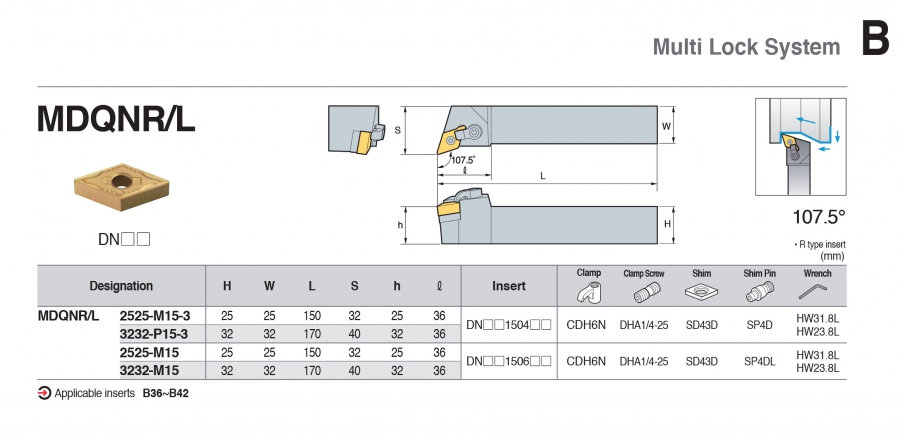 Cán dao tiện ngoài 107.5° MDQNR/L Korloy (loại Khóa đa năng)
