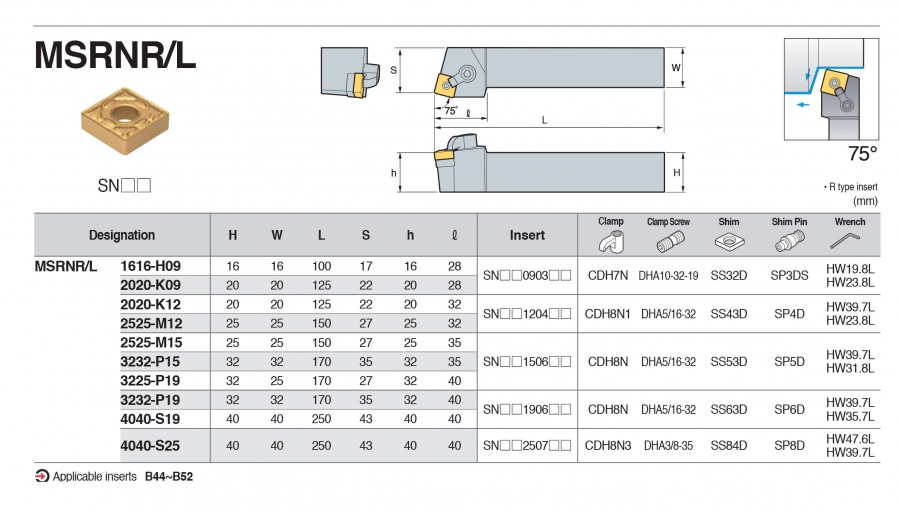 Cán dao tiện ngoài 75° MSRNR/L Korloy (loại Khóa đa năng)