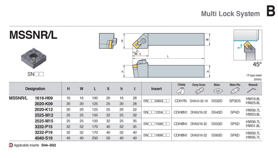 Cán dao tiện ngoài 45° MSSNR/L Korloy (loại Khóa đa năng)
