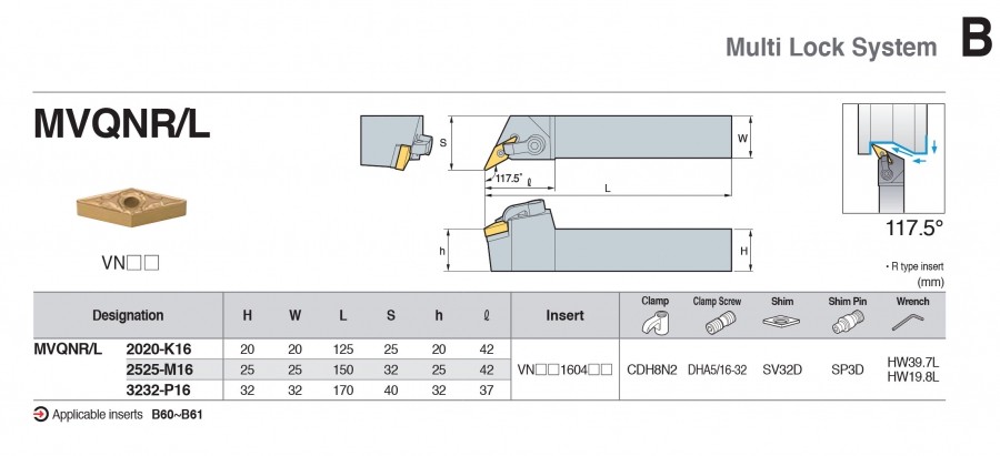 Cán dao tiện ngoài 117.5° MVQNR/L Korloy (loại Khóa đa năng)