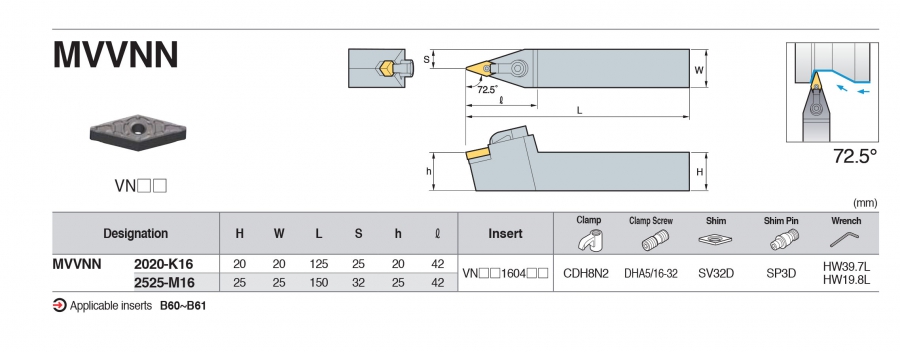 Cán dao tiện ngoài góc 72.5° MVVNN Korloy (loại Khóa đa năng)