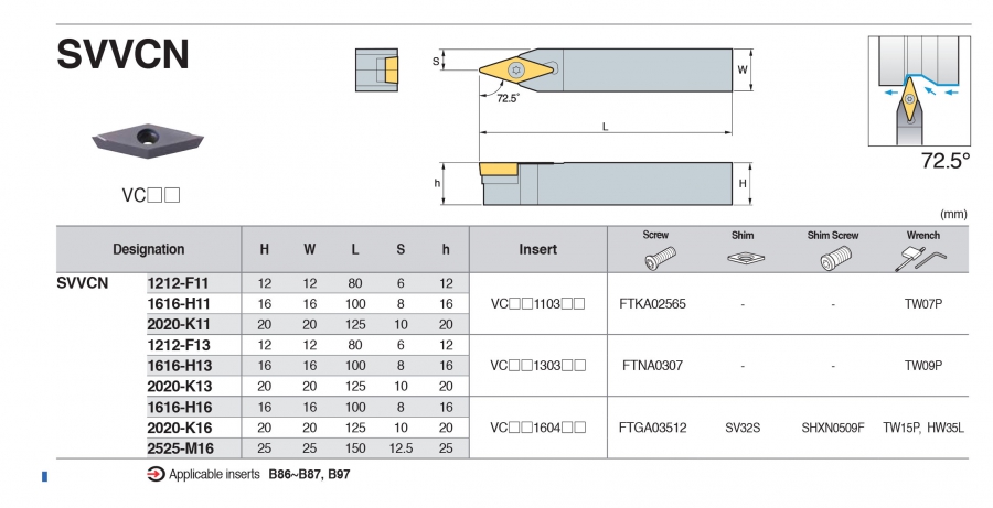 Cán dao tiện ngoài 72.5° SVVCN Korloy (loại kẹp vít trên)