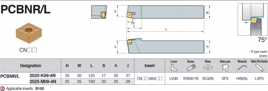Cán dao tiện ngoài 75° PCBNR/L Korloy