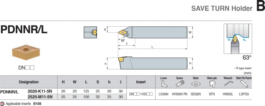 Cán dao tiện ngoài 63° PDNNR/L Korloy