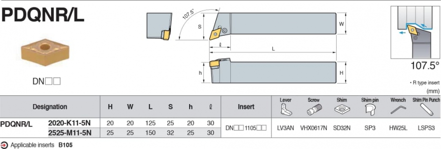 Cán dao tiện ngoài 107.5° PDQNR/L Korloy